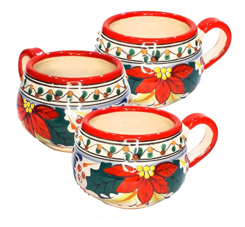 3 Taza Chocolatera Navideña Talavera Poblana Gde Nochebuena