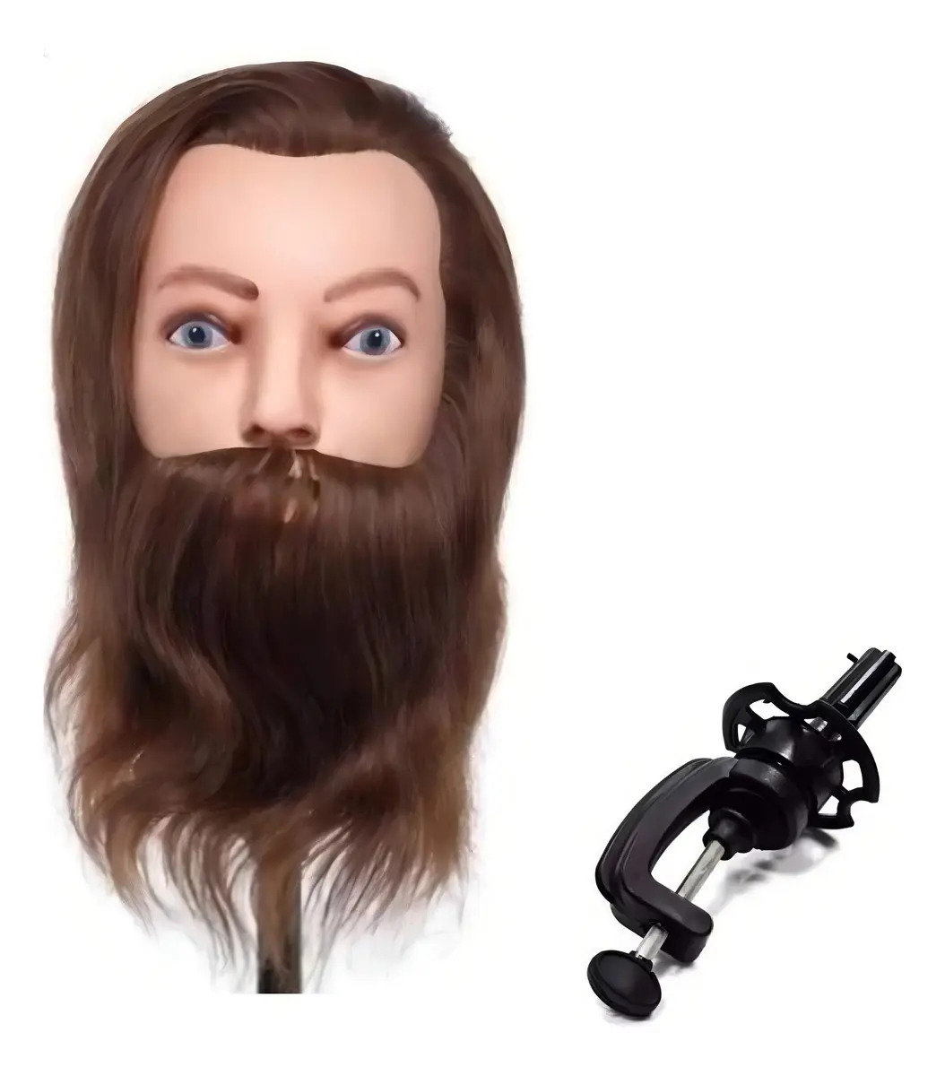 Cabeça P/ Treino Com Barba Lisa Masculina 100% Natural C Suporte Cor Castanho Zhang Hair