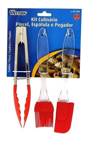 Pinça Pegador Culinário, Espátula, Pincel Silicone 3 Pçs