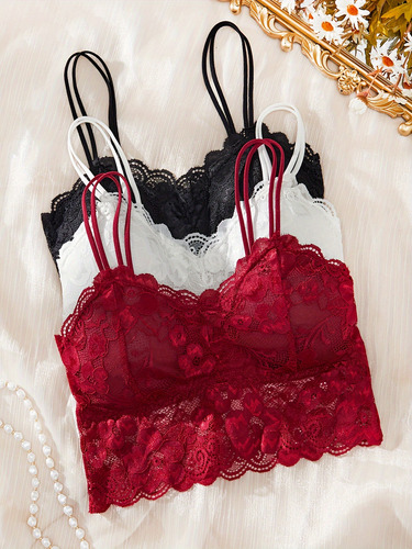 Conjunto De 3 Piezas De Sujetador De Encaje Para Mujer -
