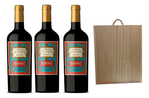 Estuche De Madera Vino Alamos Reserva Malbec X3 750ml 