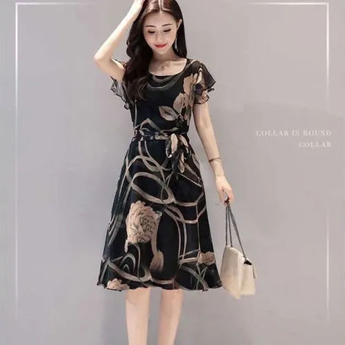 . Vestido Elegante Estampado De Gasa Sin Mangas Con Volantes