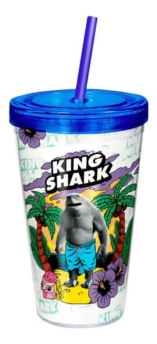 Copo Com Canudo Esquadrao Suicida Tubarao King Shark Dc Cor Branco