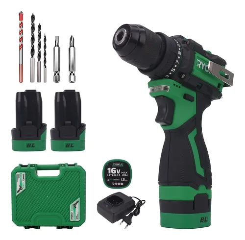 Parafusadeira Furadeira 2 Baterias 16v 10mm 50nm Brushless Verde Com Maleta Plástica 127/220v