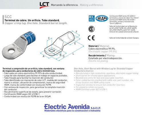 Imagen 3 de 5 de Terminal Cobre Estañado Lct Scc 4mm /2 Ojal 5/32 Pack X 100u