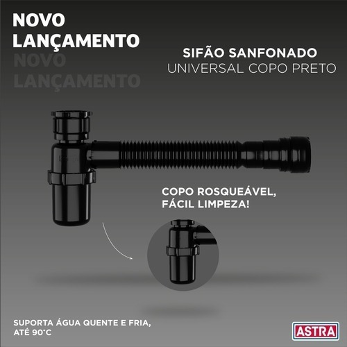 2 Sifao Copo Universal Sanfonado Astra Preto P/ Banheiros