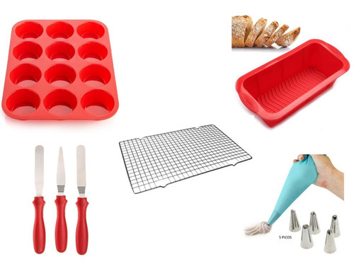 Set Kit Pasteleria Moldes Silicona Muffins Rejilla Espatulas