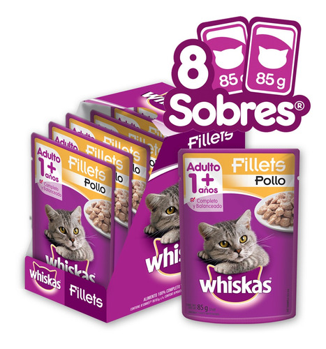 Whiskas Alimento Húmedo Gatos Pollo En Filetes 8 Sobres