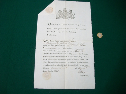 Gibraltar . Antigua Patente De Navegacion . 24/8/1820 .