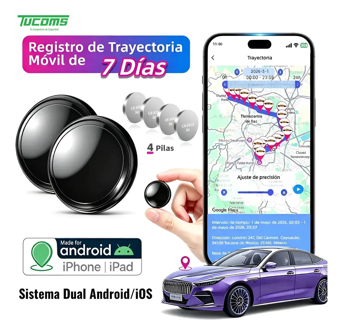 TUCOMS 2Pzs Mini Localizador Rastreador Tracker GPS, 7 Días Registro De Trayectoria Movimiento, Compatible Android Smart Tag Y iPhone iOS Airtag, Para Auto Moto Niños Mascotas Llav