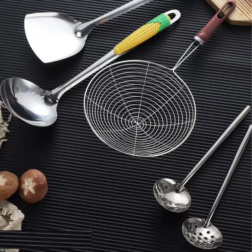 Set 5 Utensilios De Cocina Colador Cuchara Espatula Escurrir Plata