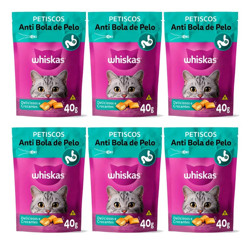 Caixa 6 Un Whiskas Temptations Anti Bola De Pelo Gatos 40g