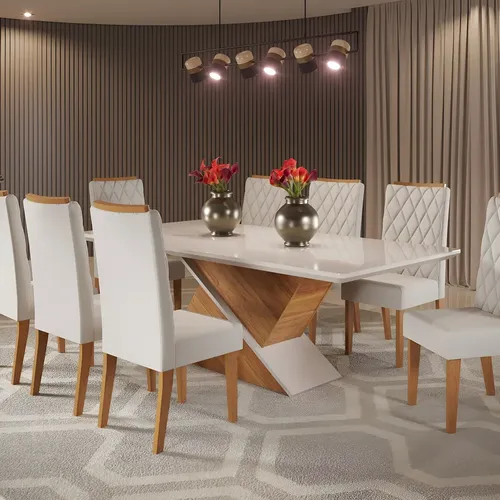 Mesa De Jantar Retangular 200x90 Noble Com 8 Cadeiras Fe Mel/off Whiti Liso