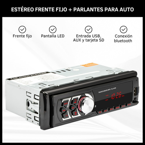 Estereo Para Auto Frente Fijo Bluetooth Usb Y 2 Parlantes