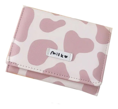 Cartera Billetera Corta Estampado Vaquita Para Mujer Niña  Rosa Claro/ Blanco Vaca