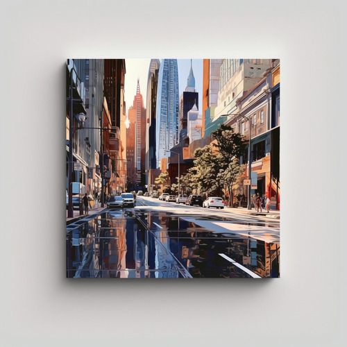 70x70cm Cuadro Decorativo Ciudad Pintura Cromada Vista Calle