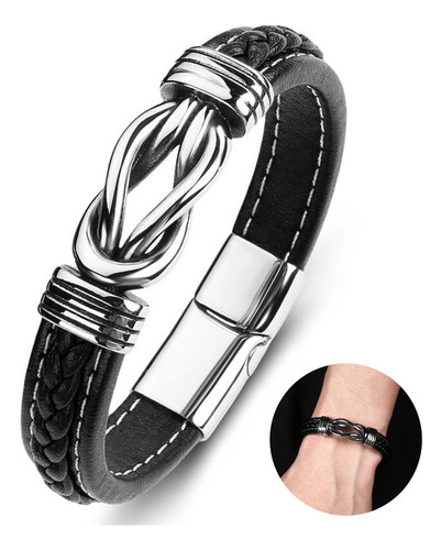 Pulsera Hombre Cuero Dije Infinito Con Clip Magnetico