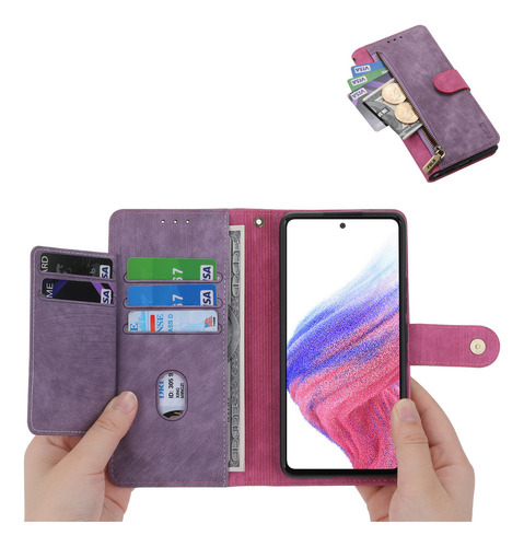 Tarjetero Con Cremallera, Funda De Cuero Tipo Cartera Para