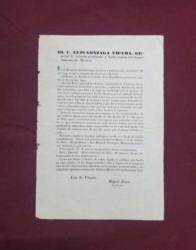 1843 Documento Antiguo Decreto Nicolas Bravo Itsmo Tehuantep