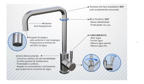 Torneira Inox Gourmet Misturador Monocomando Quente/fria