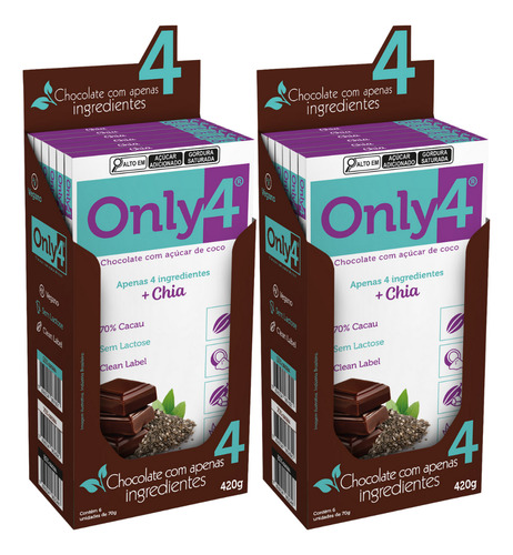 Kit C/2 Only4 Chia Choco Vegano 70% S/ Lactose 80g Dp C/6 Un