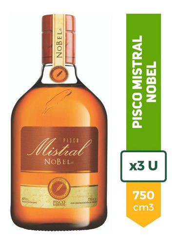 Pisco Mistral Nobel Chileno 40° 750ml Extra Añejado Pack X3