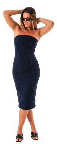 Vestido Mujer Jean Elastizado Strapless Ajustado Midi