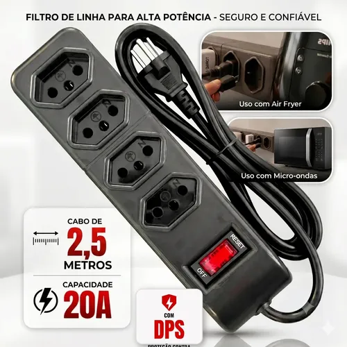 Filtro De Linha Profissional Protetor Elétrico 4 Tomadas 20a Cabo 2,5 Metros Bivolt Micro-ondas Air Fry Cafeteria Preto