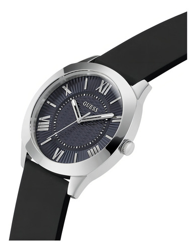Reloj Para Caballero Guess Imprint Correa Negro Bisel Plateado Fondo Negro