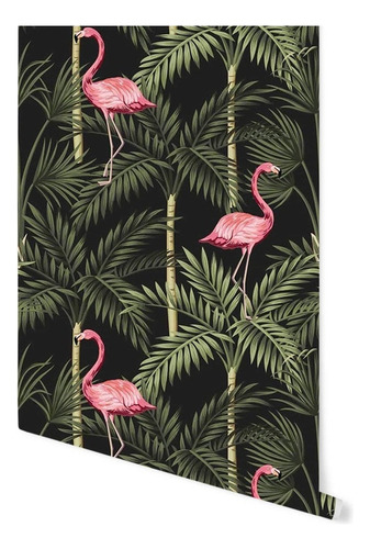 Vinil Decorativo Animales Tapiz Wallpaper Moderno Mod Color Flamingos En Palmeras