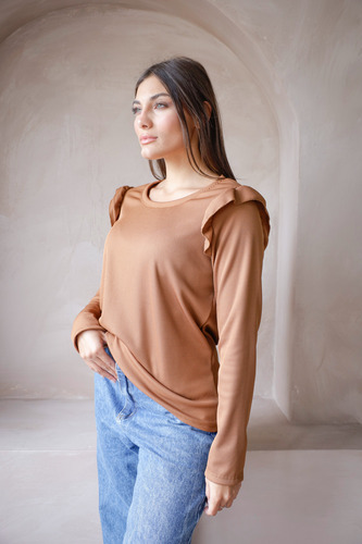 Remera Waffle Panal Frizado Manga Larga Volados Talle Grande
