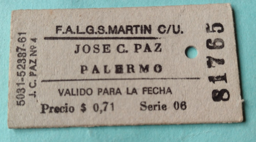 Boleto De Ferrocarril San Martin De Estación Palermo 