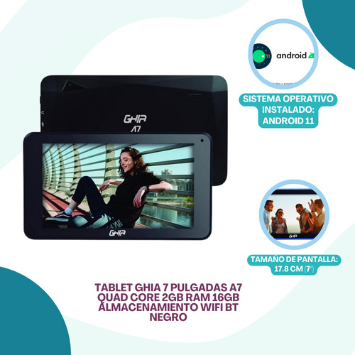 Tablet Ghia 1gb Ram Wifi Bt Android 11 A7 Ga7133n Negro
