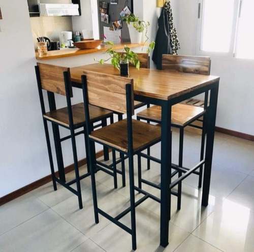 Kit Mesa Desayunadora Madera Hierro + 4 Bancos Mh Mixar