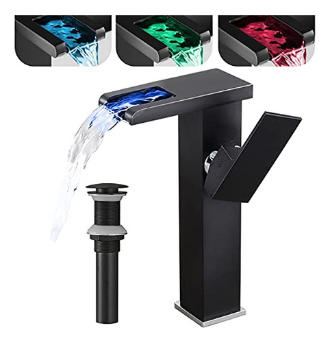 Grifo De Baño Negro Lavamanos Luces Led De 3 Colores Q...