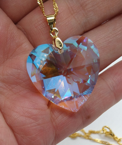 Imagem 2 de 6 de Colar Coração Cristal Swarovski 2,8cm Folh. Ouro - Namorados