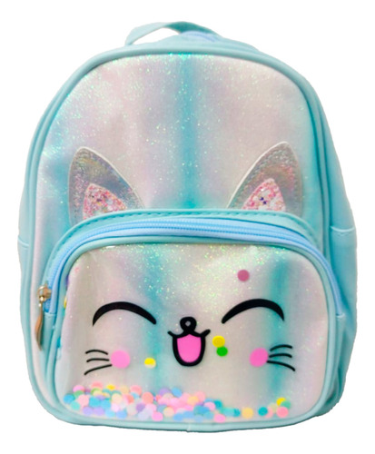 Mochila Gatito Feliz Multicompartimientos Con Brillitos, Orejitas Y Círculos Móviles Mochilita De Viaje Salidas Ligeras O Escolar Pequeña Y Funcional 