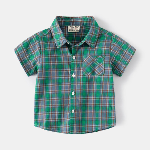 Camisa De Verano Con Solapa De Manga Corta A Cuadros Para Ni
