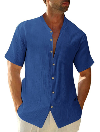 Camisa Manga Corta Boton Para Hombre Algodon Lino Ajuste