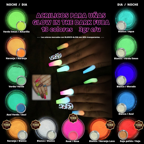 Polvo Acrílico Glow Para Uñas Kit 13 Colores  39gr