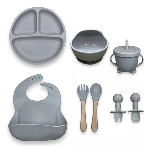 Kit 8 Alimentação Bebê Silicone Prato Babador Copo Tigela