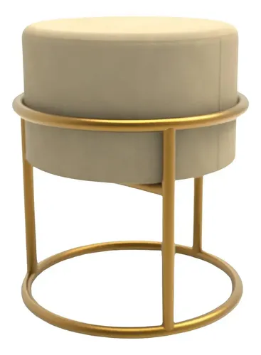Banco Puff Argola Base De Ferro Decorativo Veludo Bege Para Sala E Quarto