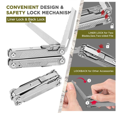 Multitool Swiss Tech 17 In 1 Aço Inox Com Trava E Clip Top