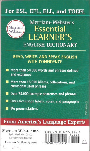 Merriam-webster's Essential Learner's English Dictionary, De Equipo De La Editorial. Editorial Merriam-webster En Inglés