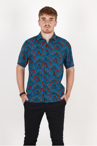 Camisa Hombre Manga Corta Hawaiana Floreada Fibrana