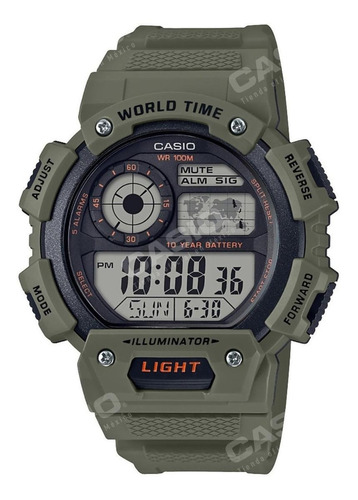 Reloj pulsera digital Casio AE-1400 con correa de resina color verde musgo - fondo gris - bisel negro