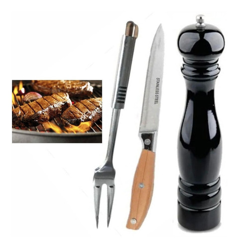 Set Asado Cuchillo + Tenedor Parrillero + Pimentero Madera