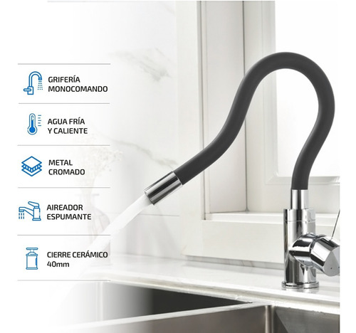 Imagen 2 de 9 de Griferia De Cocina Canilla Monocomando Lavatorio Cuello Goma