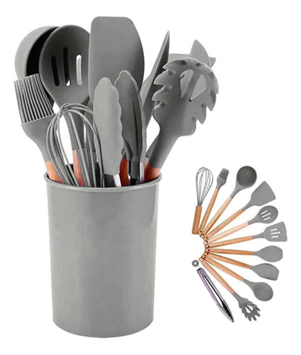 Set 12 Utensilios De Cocina Repostería Gris Mango De Madera