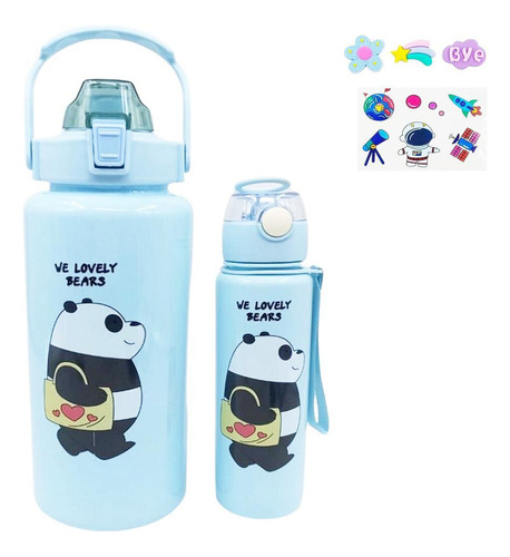 Kit 2 Garrafas We Lovely Urso Panda 2l E 700ml Adesivos Azul